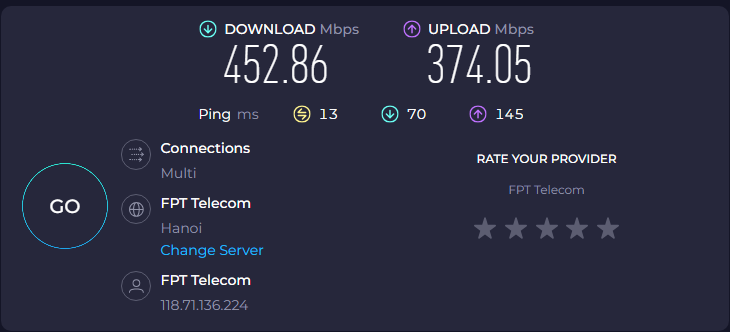 Tốc độ mạng FPT bằng Speed test tốc độ download trung bình khoảng 318.52 Mbps và upload 210.92 Mbps