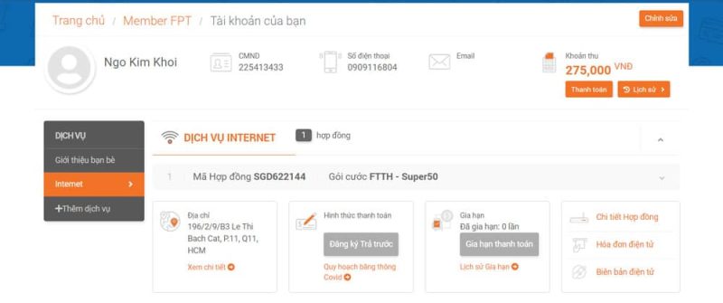 Kiểm tra gói cước internet trên Website FPT