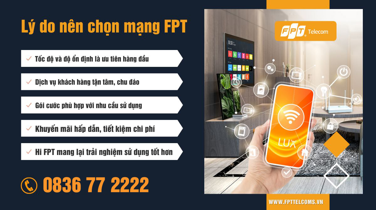 lợi ích lắp đặt Mạng FPT: tốc độ ổn định, dịch vụ khách hàng tận tâm, gói cước phù hợp nhu cầu sử dụng, khuyến mại hấp dẫn, tiết kiệm chi phí, trải nghiệm ứng dụng Hi FPT Tuyệt vời